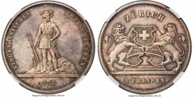 Confederation "Zurich Shooting Festival" 5 Francs 1859 MS65 NGC, Bern mint, KM-XS5, Häb-7. Distinctly gem in preservation, with sweeping luster that i...