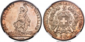 Confederation "Zurich Shooting Festival" 5 Francs 1872 MS63+ NGC, Bern mint, KM-XS11, Häb-13, Richter-1731. Aesthetically balanced by red-russet tone ...