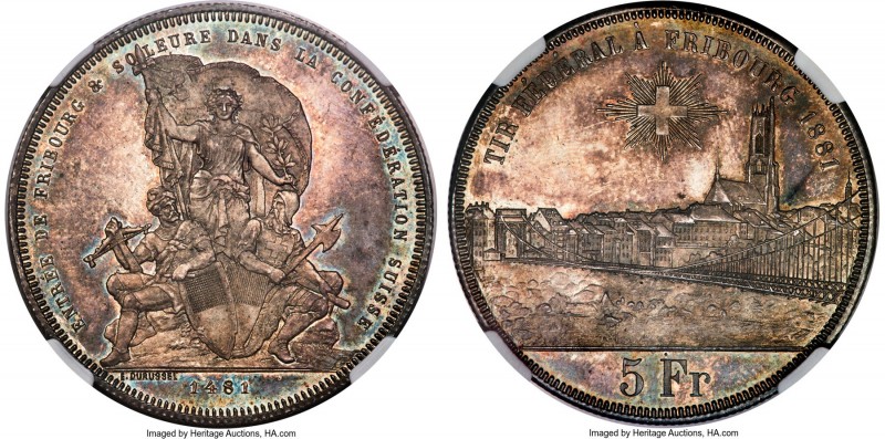 Confederation "Fribourg Shooting Festival" 5 Francs 1881 MS65 NGC, Bern mint, KM...