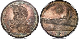 Confederation "Fribourg Shooting Festival" 5 Francs 1881 MS65 NGC, Bern mint, KM-XS15, Richter-403. Mintage: 30,000. A shimmering gem blessed with an ...