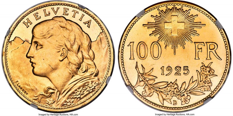 Confederation gold 100 Francs 1925-B MS64 NGC, Bern mint, KM39, Fr-502, HMZ-2-11...