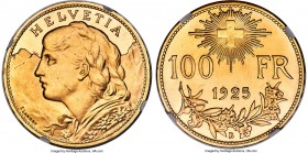 Confederation gold 100 Francs 1925-B MS64 NGC, Bern mint, KM39, Fr-502, HMZ-2-1193a. Mintage: 5,000. A key to the Swiss Confederation's 20th-century g...