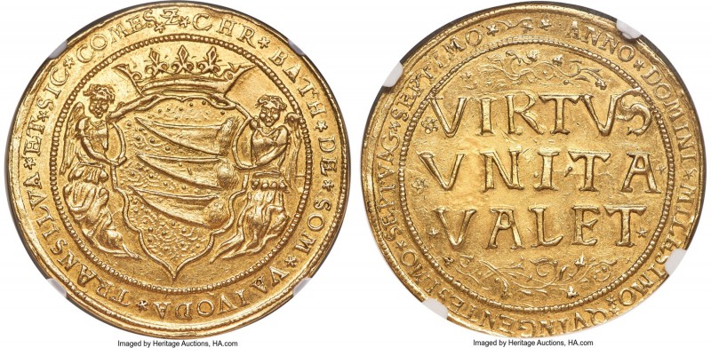 Kristof Bathory gold 10 Ducat 1577 UNC Details (Reverse Repaired) NGC, Fr-279, H...