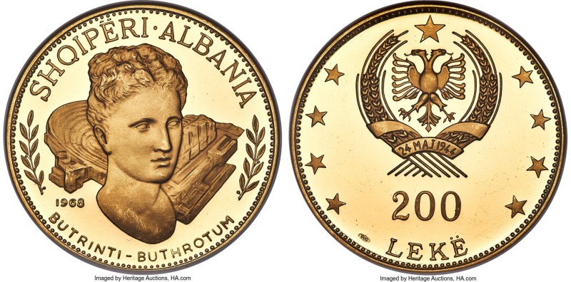 People's Socialist Republic gold Proof "Buthrotum Ruins" 200 Leke 1968 PR66 Ultr...