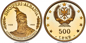 People's Socialist Republic gold Proof "Prince Skanderbeg" 500 Leke 1968 PR65 Ultra Cameo NGC, KM56.1, Fr-18. Mintage 1,520. #655. An imposing piece c...