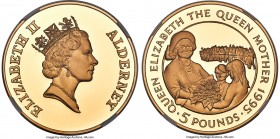 British Dependency. Elizabeth II gold Proof "Queen Mother" 5 Pounds 1995 PR68 Ultra Cameo NGC, KM14b, Fr-11. Mintage: 150. Depicting a frosted vignett...