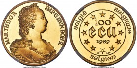 Baudouin gold 100 Ecu 1989-(qp) MS69 NGC, KM175, Fr-428. A nearly perfect example of this modern Maria Theresa issue that exhibits a lovely, satiny po...