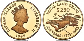 British Colony. Elizabeth II gold Proof "Royal Land Grant" 250 Dollars 1985 PR69 Ultra Cameo NGC, KM82, Fr-30. Mintage: 250. Tied for the finest at NG...