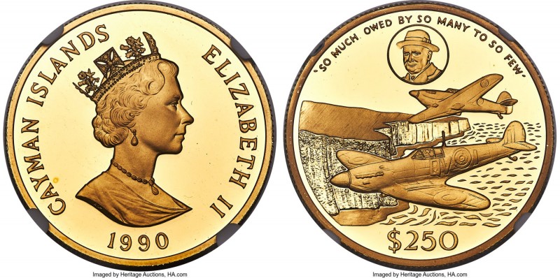 British Colony. Elizabeth II gold Proof "Spitfires Over Dover" 250 Dollars 1990 ...