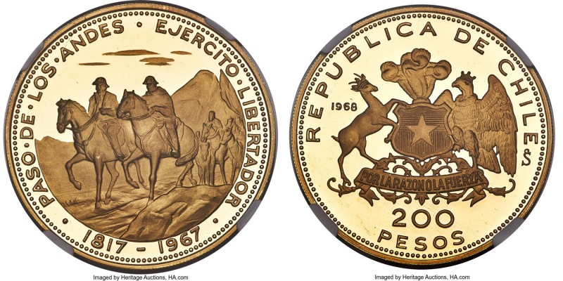 Republic gold Proof "San Martin's Passage" 200 Pesos 1968-So PR69 Ultra Cameo NG...