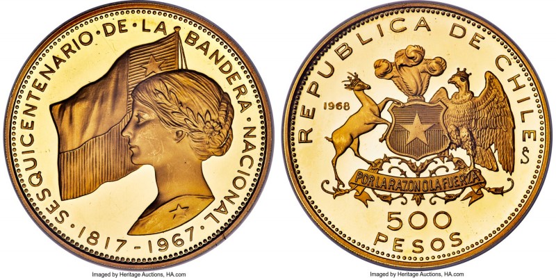 Republic gold Proof "National Flag Anniversary" 500 Pesos 1968-So PR66 Ultra Cam...