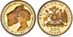 Republic gold Proof "National Flag Anniversary" 500 Pesos 1968-So PR66 Ultra Cameo NGC, Santiago mint, KM187, Fr-57. Despite minor friction to the sit...