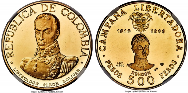 Republic gold Proof "Battle of Boyaca" 500 Pesos 1969-NI PR65 Ultra Cameo NGC, N...