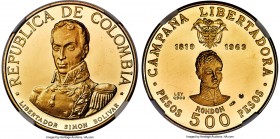 Republic gold Proof "Battle of Boyaca" 500 Pesos 1969-NI PR65 Ultra Cameo NGC, Numismatica Italiana mint, KM241, Fr-123. Mintage including Bogota issu...