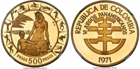 Republic gold Proof "Pan-American Games" 500 Pesos 1971-B PR68 Ultra Cameo NGC, Bogota mint, KM251, Fr-128. Mintage: 6,000. Struck for the 6th Pan-Ame...