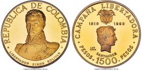Republic gold Proof "Battle of Boyacá" 1500 Pesos 1969-NI PR67 Ultra Cameo NGC, Numismatica Italiana mint, KM242, Fr-122. Mintage: 6,000. #58. The fin...