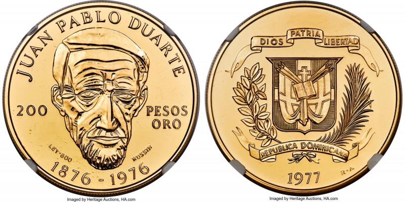 Republic gold "Juan Pablo Duarte" 200 Pesos 1977 MS62 NGC, KM47, Fr-4. Mintage: ...