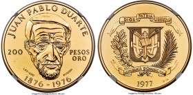 Republic gold "Juan Pablo Duarte" 200 Pesos 1977 MS62 NGC, KM47, Fr-4. Mintage: 1,000. A semi-Prooflike near-choice issue, exhibiting a stylized portr...
