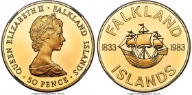 British Colony. Elizabeth II gold Proof "150th Anniversary of British Rule" 50 Pence 1983 PR68 Ultra Cameo NGC, KM19b, Fr-7. Mintage: 150. Commemorati...