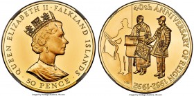 British Colony. Elizabeth II gold Proof "40th Anniversary of Reign" 50 Pence 1992 PR69 Ultra Cameo NGC, KM34b, Fr-19. Mintage: 150. Struck to commemor...