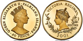 British Colony. Elizabeth II gold Proof "100th Anniversary of Victoria's Death" 50 Pence 2001 PR69 Ultra Cameo NGC, KM70b, Fr-27. Mintage: 100. Struck...