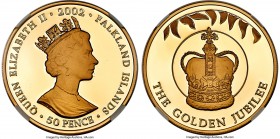 British Colony. Elizabeth II gold Proof "Golden Jubilee - Royal Crown" 50 Pence 2002 PR70 Ultra Cameo NGC, KM80b.2, Fr-30. Mintage: 150 (split between...