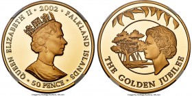 British Colony. Elizabeth II gold Proof "Golden Jubilee - Queen & Treehouse" 50 Pence 2002 PR70 Ultra Cameo NGC, KM84b.2, Fr-30. A very scarce issue s...