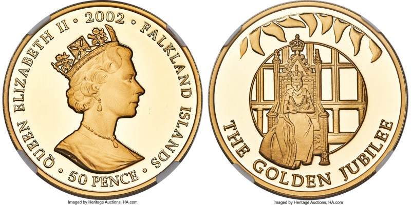 British Colony. Elizabeth II gold Proof "Golden Jubilee - Queen on Throne" 50 Pe...
