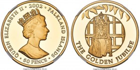 British Colony. Elizabeth II gold Proof "Golden Jubilee - Queen on Throne" 50 Pence 2002 PR70 Ultra Cameo NGC, KM82b.2, Fr-30. Mintage: 50 (split betw...