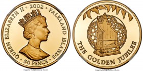 British Colony. Elizabeth II gold Proof "Golden Jubilee - Royal Throne" 50 Pence 2002 PR70 Ultra Cameo NGC, KM81b.1, Fr-30. Mintage: 150 (split betwee...