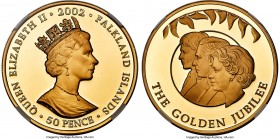 British Colony. Elizabeth II gold Proof "Golden Jubilee - Succession to the Throne" 50 Pence 2002 PR70 Ultra Cameo NGC, KM77b.2, Fr-30. The Standard C...