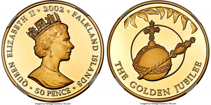 British Colony. Elizabeth II gold Proof "Golden Jubilee - Scepter & Orb" 50 Penc...