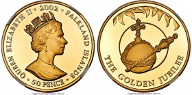British Colony. Elizabeth II gold Proof "Golden Jubilee - Scepter & Orb" 50 Pence 2002 PR69 Ultra Cameo NGC, KM79b.2, Fr-30. The Standard Catalog of W...