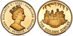 British Colony. Elizabeth II gold Proof "Golden Jubilee - Royal Family" 50 Pence 2002 PR69 Ultra Cameo NGC, KM83b.2, Fr-30. The Standard Catalog of Wo...