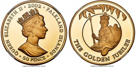 British Colony. Elizabeth II gold Proof "Golden Jubilee - Queen on Throne" 50 Pence 2002 PR69 Ultra Cameo NGC, KM73b.2, Fr-30. The Standard Catalog of...