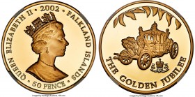 British Colony. Elizabeth II gold Proof "Golden Jubilee - Coronation Coach" 50 Pence 2002 PR69 Ultra Cameo NGC, KM78b.2, Fr-30. Mintage: 150 (split be...