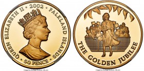 British Colony. Elizabeth II gold Proof "Golden Jubilee - Queen & Crowd" 50 Pence 2002 PR69 Ultra Cameo NGC, KM76b.2, Fr-30. Mintage: 50 (split betwee...