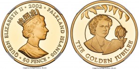 British Colony. Elizabeth II gold Proof "Golden Jubilee - Queen & Radio Microphone" 50 Pence 2002 PR69 Ultra Cameo NGC, KM75b.2, Fr-30. The Standard C...