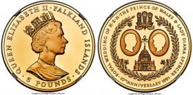 British Colony. Elizabeth II gold Proof "Royal Wedding 10th Anniversary" 5 Pounds 1991 PR69 Ultra Cameo NGC, KM33, Fr-13. Mintage: 200. Struck to comm...