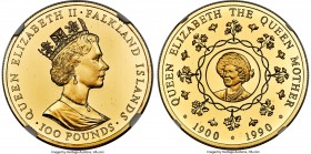 British Colony. Elizabeth II gold Proof "Queen Mother 90th Birthday" 100 Pounds 1990 PR69 Ultra Cameo NGC, KM31, Fr-9. Mintage: 750. For the 90th birt...