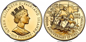 British Colony. Elizabeth II gold Proof "Ship Desire 400th Anniversary" 100 Pounds 1992 PR69 Ultra Cameo NGC, KM42, Fr-14. Mintage: 400. Commemorating...