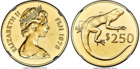 British Colony. Elizabeth II gold "Banded Iguana" 250 Dollars 1978 MS66 NGC, KM43, Fr-3. Mintage: 810. The deeply mirrored fields highlight the banded...