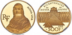 Republic gold Proof "Louvre Bicentennial - Mona Lisa" 500 Francs 1993 PR69 Ultra Cameo NGC, Paris mint, KM1024, Fr-634. Mintage: 5,000. Jet-black fiel...