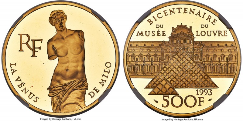 Republic gold Proof "Louvre Bicentennial - Venus de Milo" 500 Francs 1993 PR68 U...