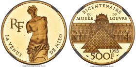Republic gold Proof "Louvre Bicentennial - Venus de Milo" 500 Francs 1993 PR68 Ultra Cameo NGC, Paris mint, KM1025.1, Fr-635. Mintage: 5,000. Celebrat...