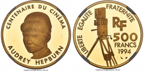 Republic gold Proof "Audrey Hepburn" 500 Francs 1994 PR69 Ultra Cameo NGC, Paris mint, KM1098, Fr-671. Mintage: 3,000. This Audrey Hepburn issue from ...