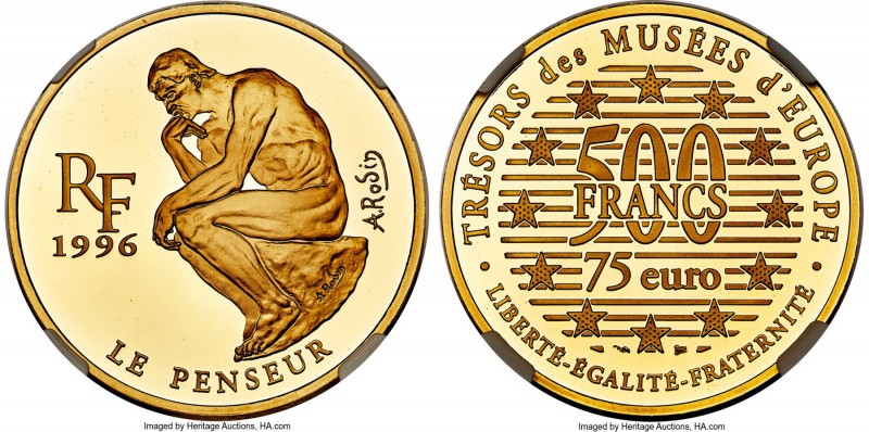 Republic gold Proof "Rodin - The Thinker" 500 Francs 1996 PR69 Ultra Cameo NGC, ...