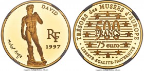 Republic gold Proof "Michelangelo - David" 500 Francs 1997 PR69 Ultra Cameo NGC, Paris mint, KM1151, Fr-709. Mintage: 1,000. The scarcer date for the ...