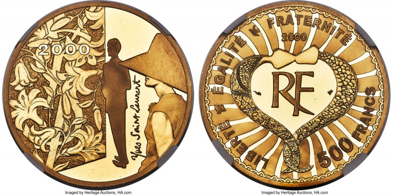 Republic gold Proof "Yves Saint Laurent" 500 Francs 2000 PR69 Ultra Cameo NGC, P...