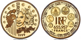 Republic gold Proof "Europa" 655.957 Francs 1999 PR69 Ultra Cameo NGC, Paris mint, KM1257. Mintage: 2,000. Displaying a fascinating design to the reve...